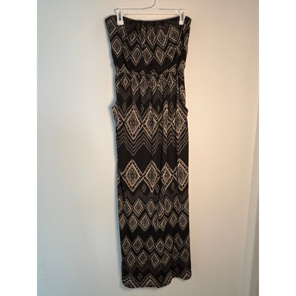 Three Pink Hearts Trixxi Strapless Maxi Dress Black Taupe Geometric Print Size M